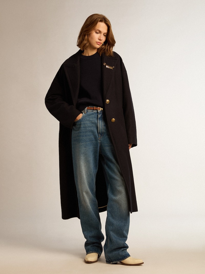 Golden Goose - Maglione girocollo da donna in cotone blu scuro con logo sul retro in 