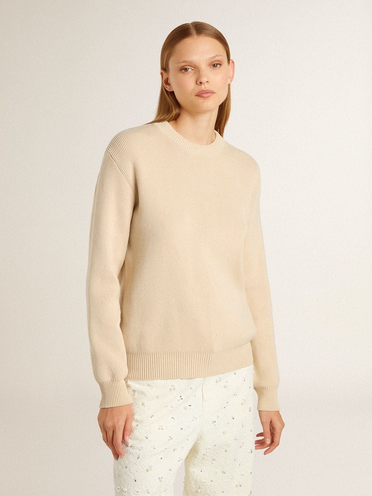 Golden Goose - Beigefarbener Damenpullover mit „Golden“-Aufschrift auf der Rückseite in 