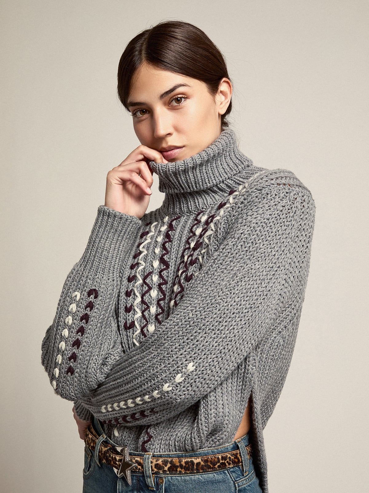 Golden Goose - Gray melange turtleneck sweater with contrasting embroidery in 