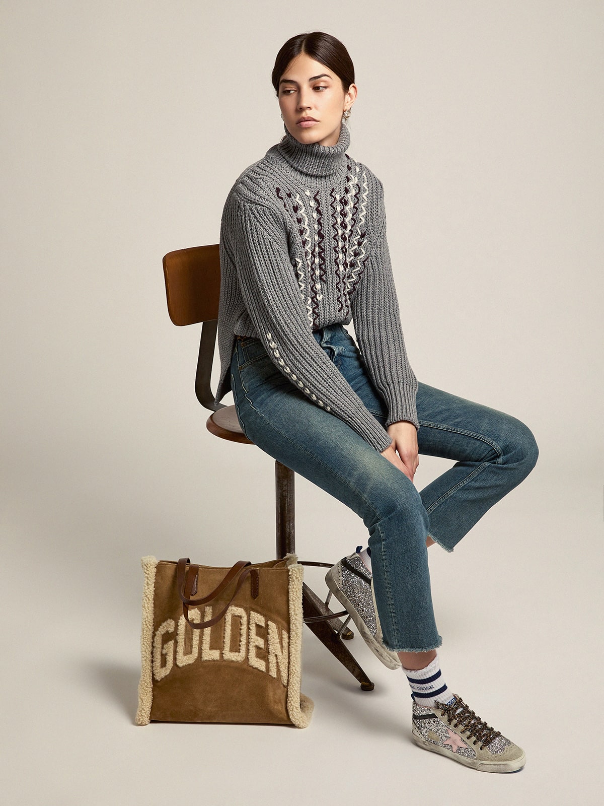 Golden Goose - Gray melange turtleneck sweater with contrasting embroidery in 