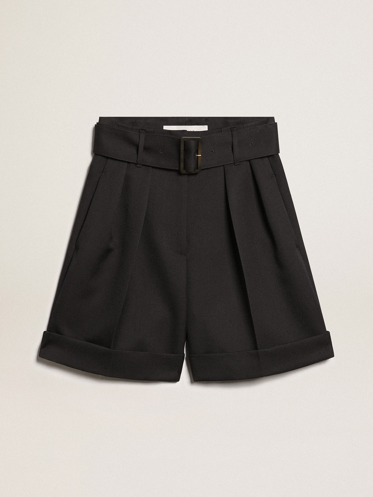 Golden Goose - Women's shorts in black wool gabardine with waist belt in 