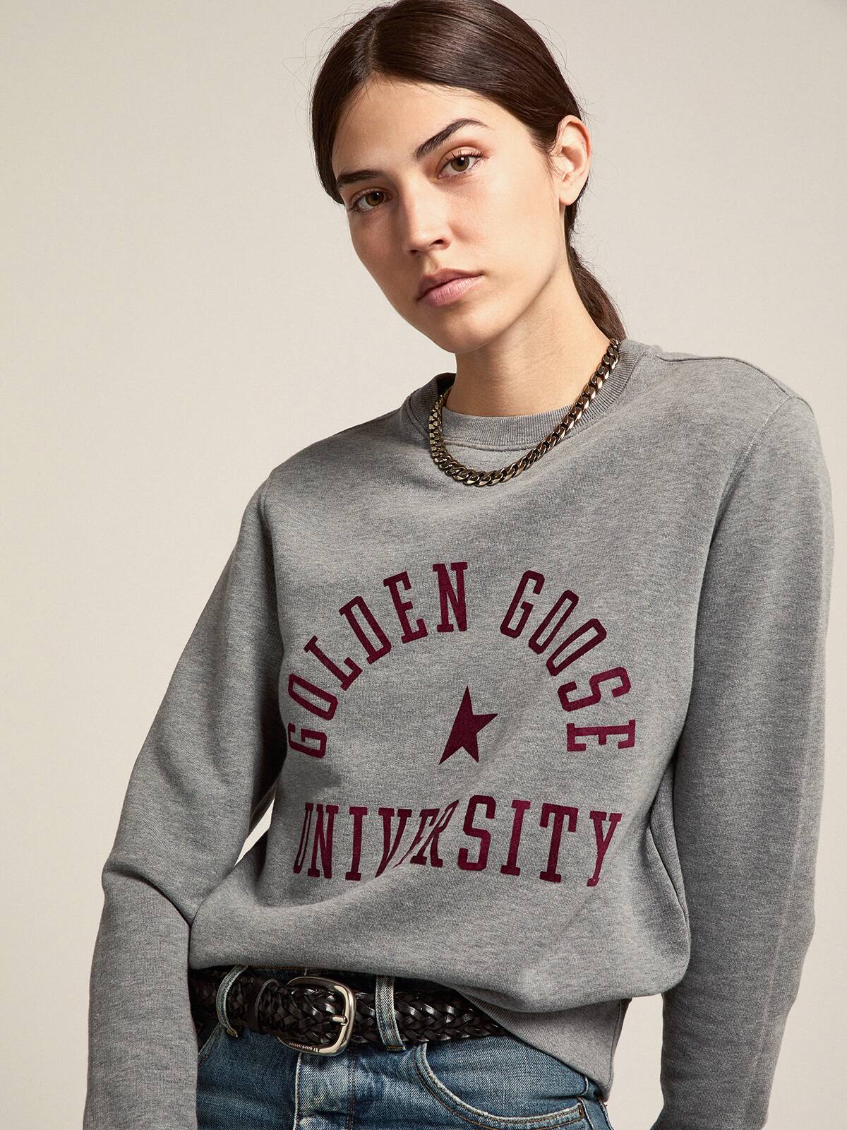 Golden Goose - Melange gray sweatshirt with burgundy logo on the front in 