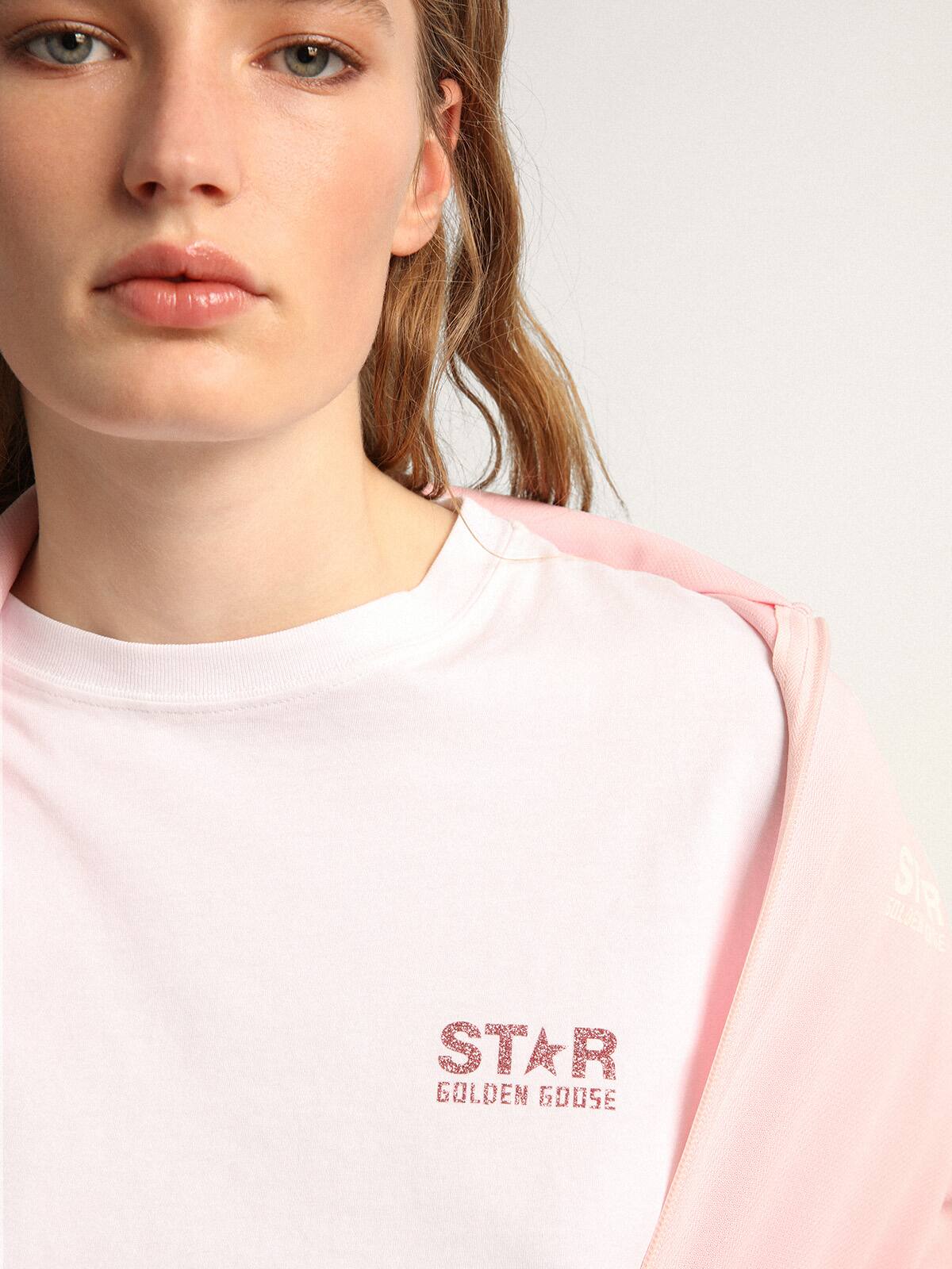 Golden Goose - White Star Collection T-shirt with logo and star in pink glitter in 