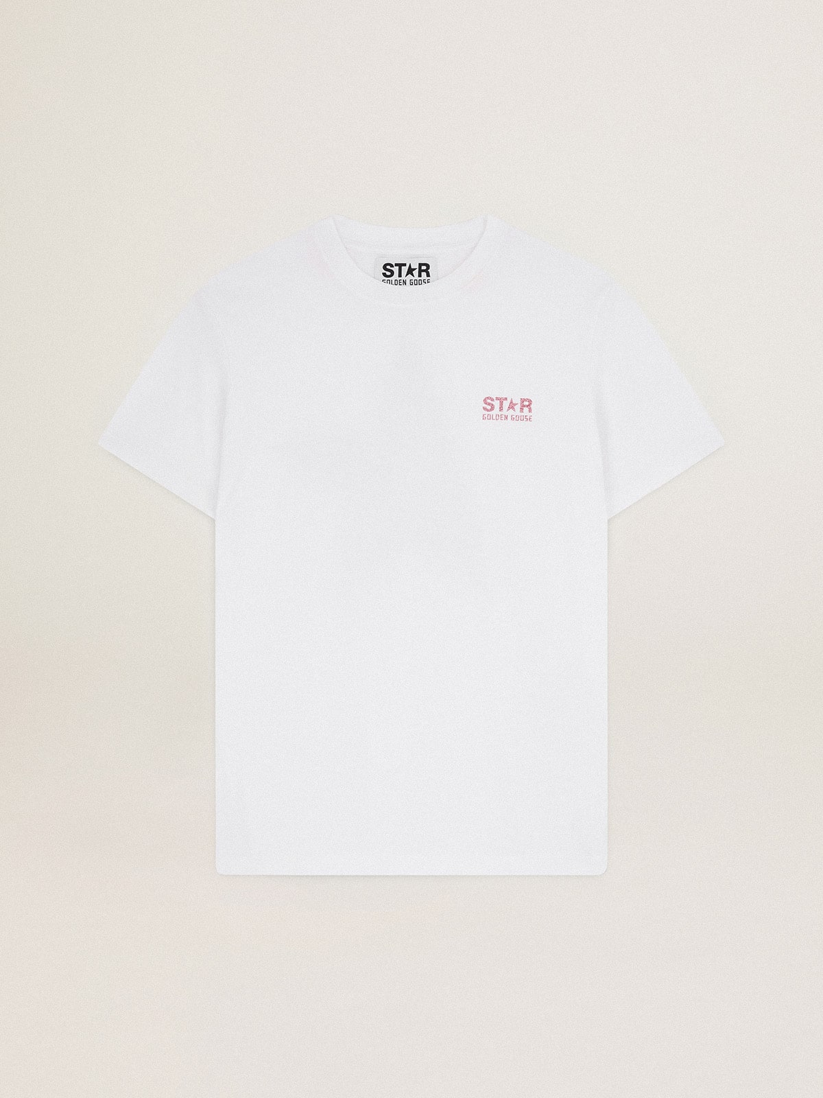 Golden Goose - White Star Collection T-shirt with logo and star in pink glitter in 
