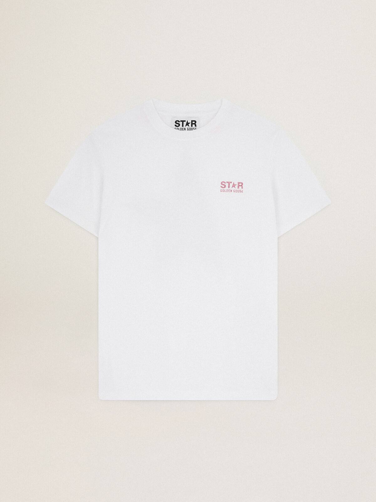 Golden Goose - White Star Collection T-shirt with logo and star in pink glitter in 