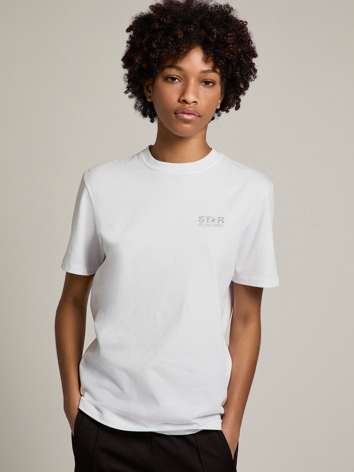 Golden Goose - White Star Collection T-shirt with logo and star in silver glitter in 