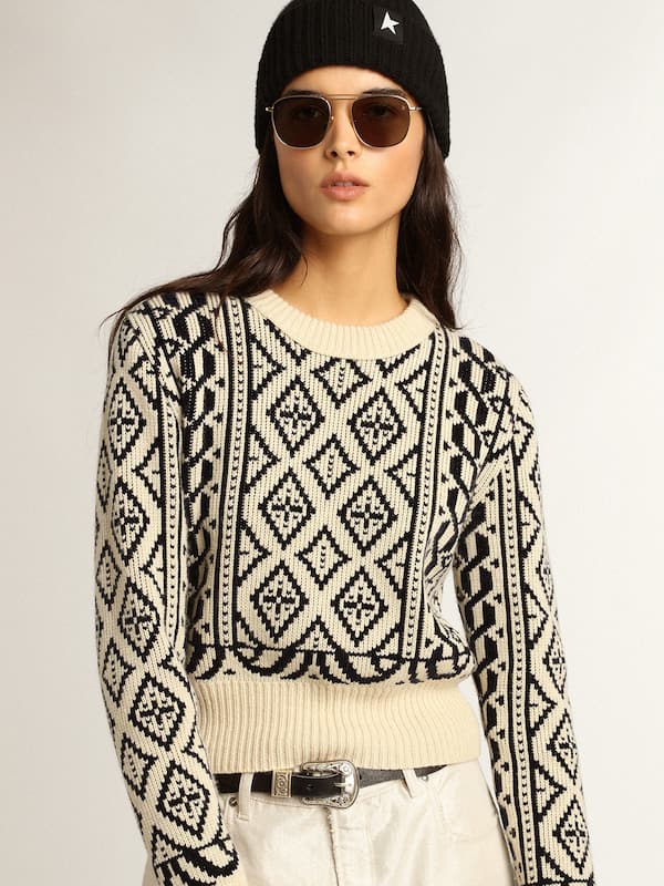 Golden Goose - Cropped round-neck sweater with parchment and blue geometric pattern  in 