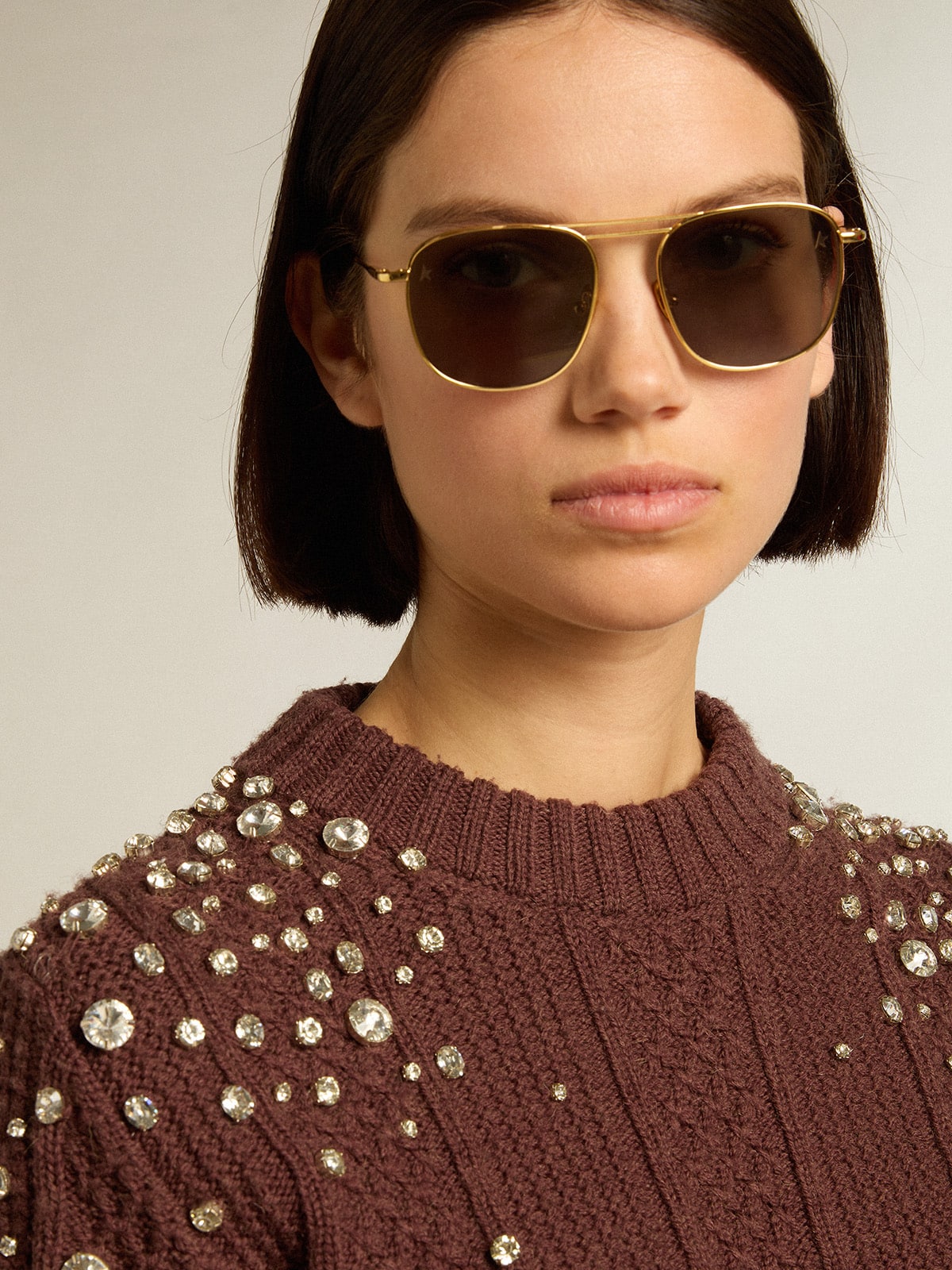 Golden Goose - Cropped sweater in burgundy wool with crystals  in 