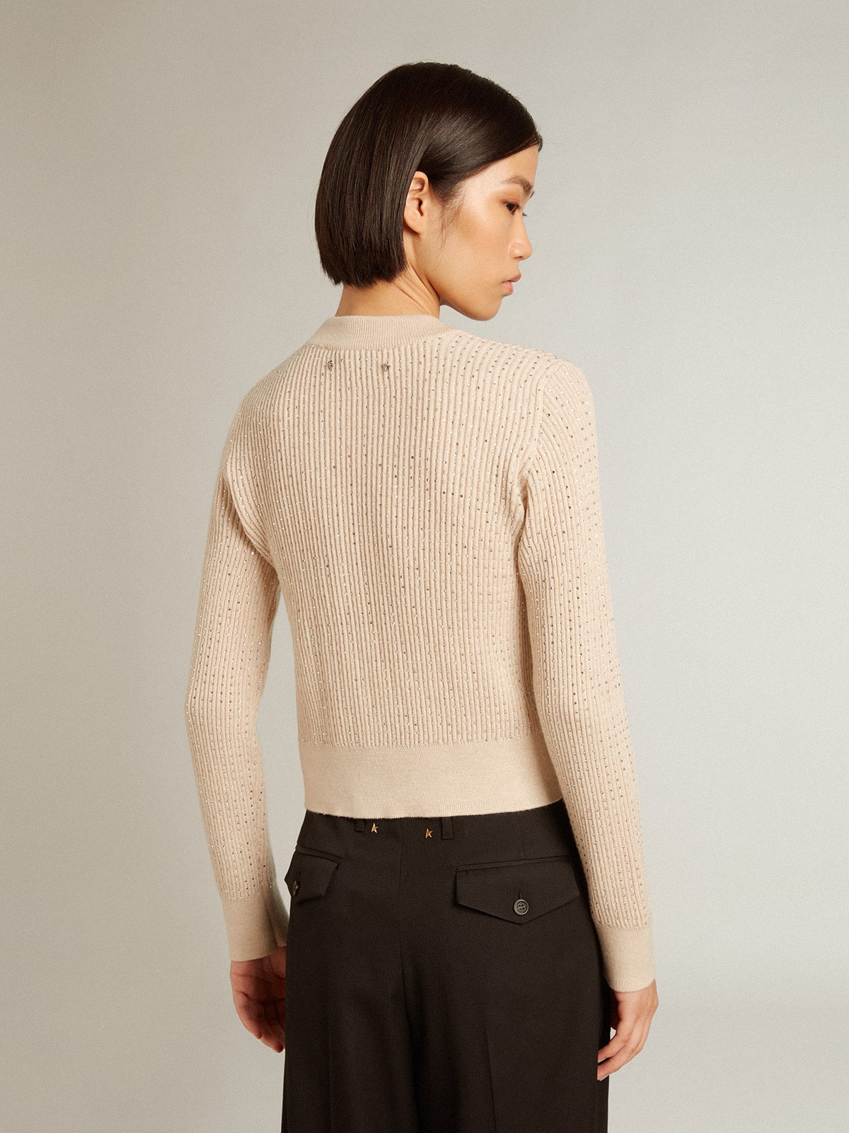 Golden Goose - Cropped round-neck sweater in beige wool with all-over crystals in 