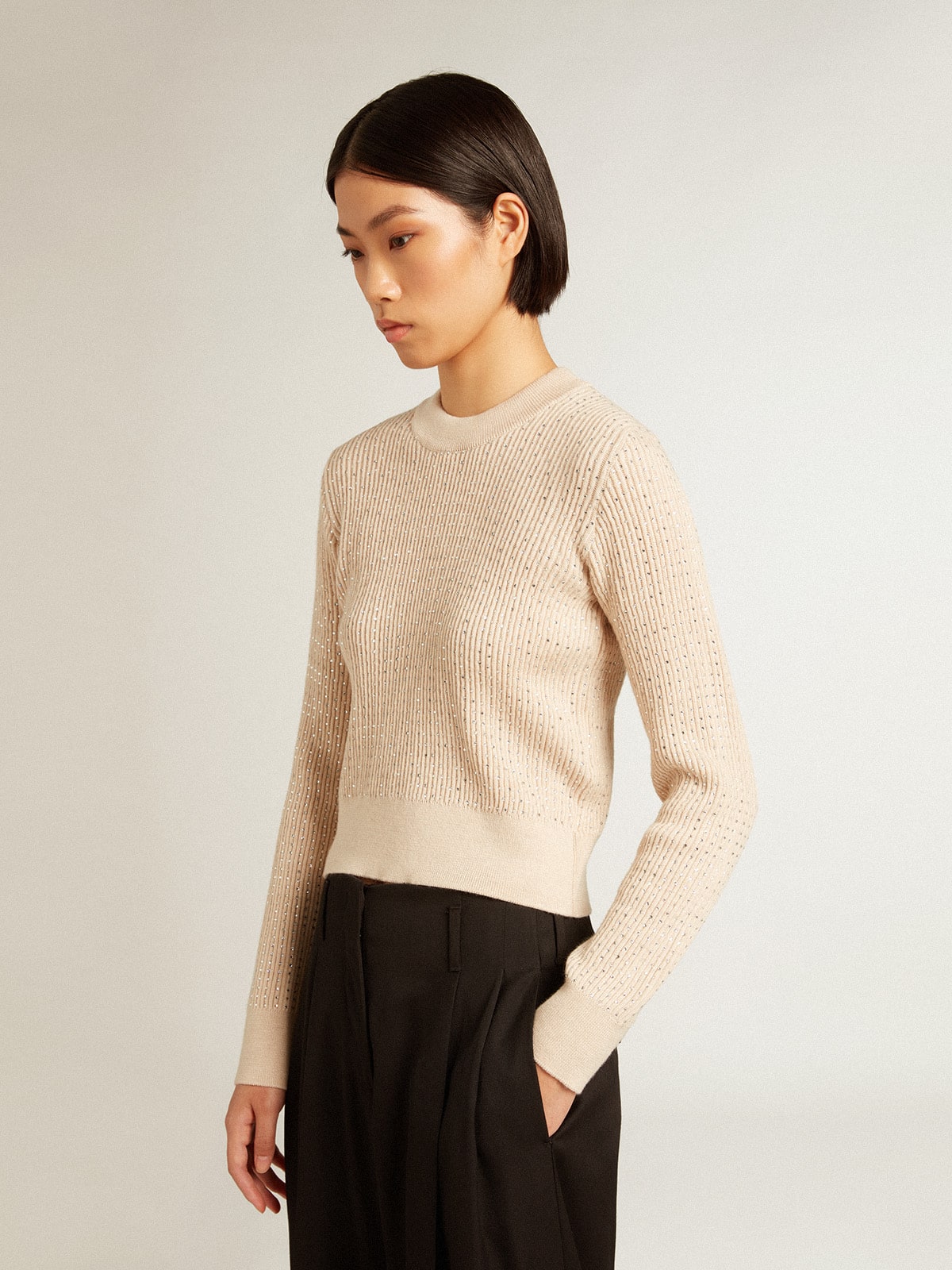 Cropped Round-neck Sweater In Beige Wool With All-over Crystals 