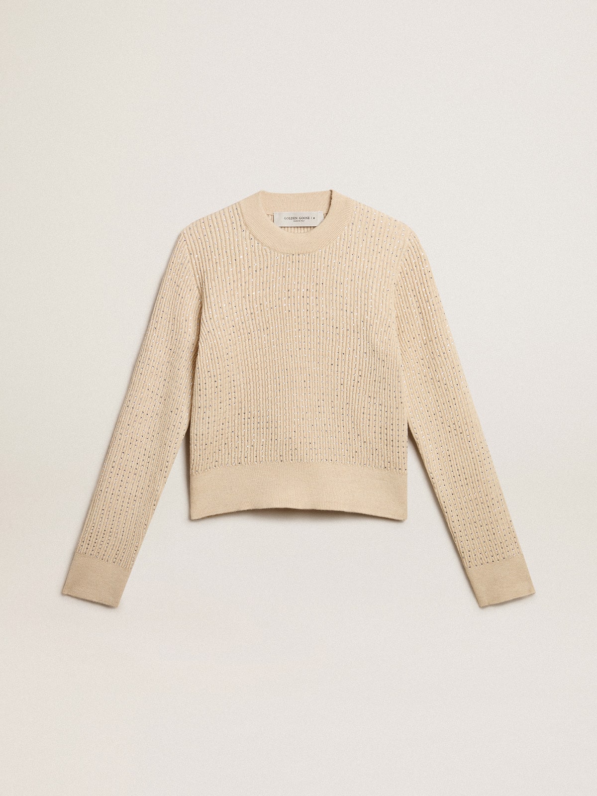 Cropped round-neck sweater in beige wool with all-over Cropped round-neck sweater in beige wool with all-over