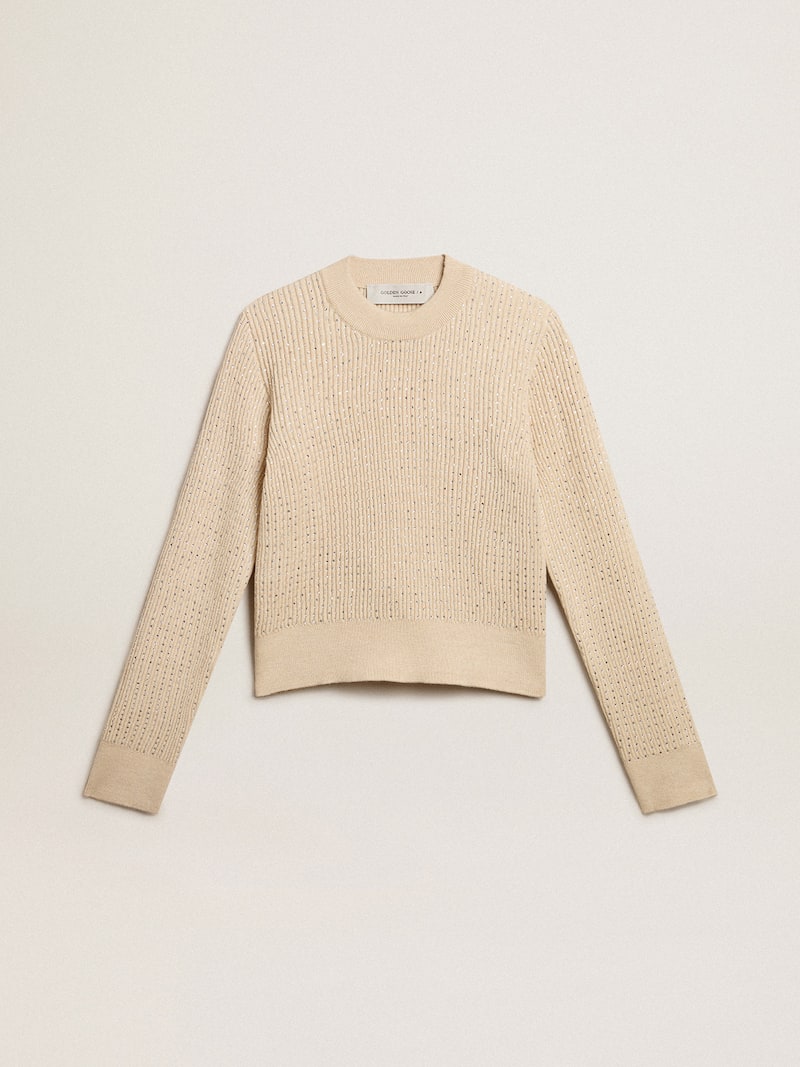 Cropped round-neck sweater in beige wool with all-over crystals