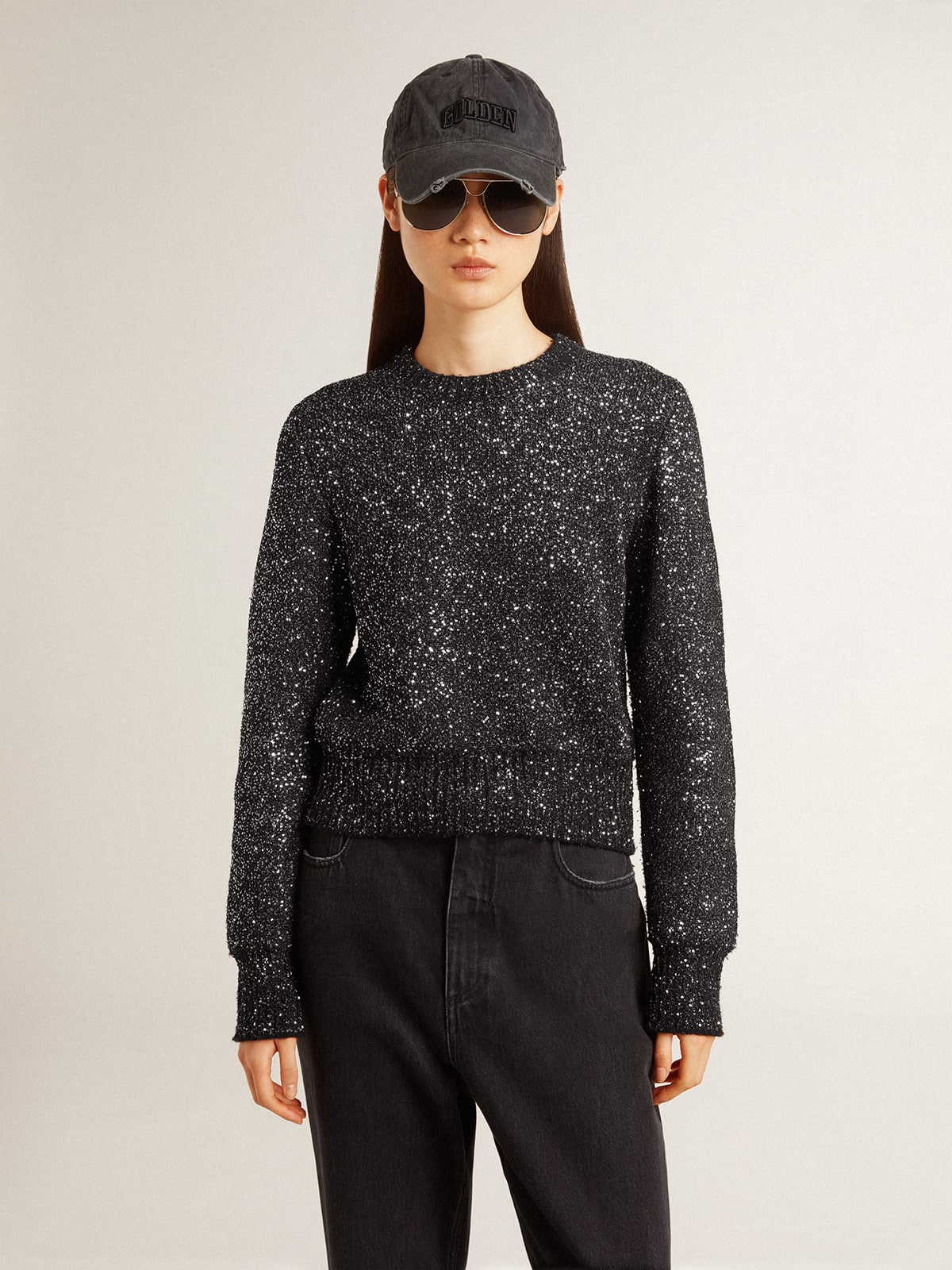 Golden Goose - Women's black wool blend cropped sweater with all-over sequins  in 