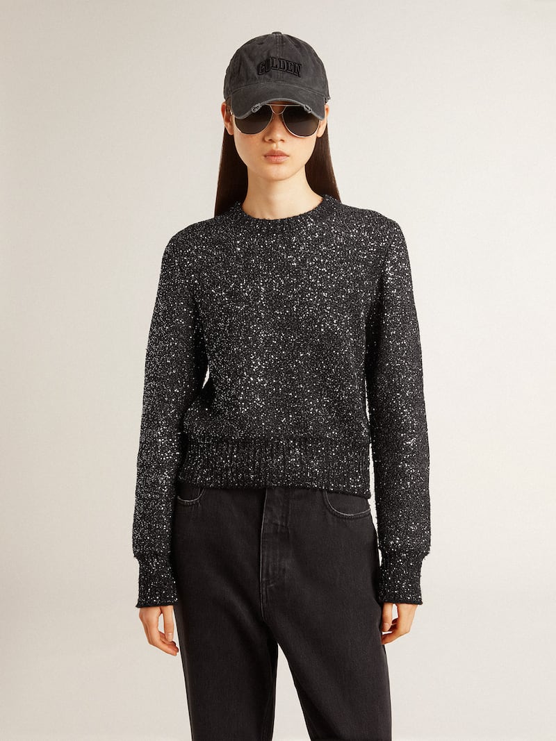 Golden Goose - Schwarzer Cropped-Damenpullover aus Wollmischung mit Alloverpailletten in 