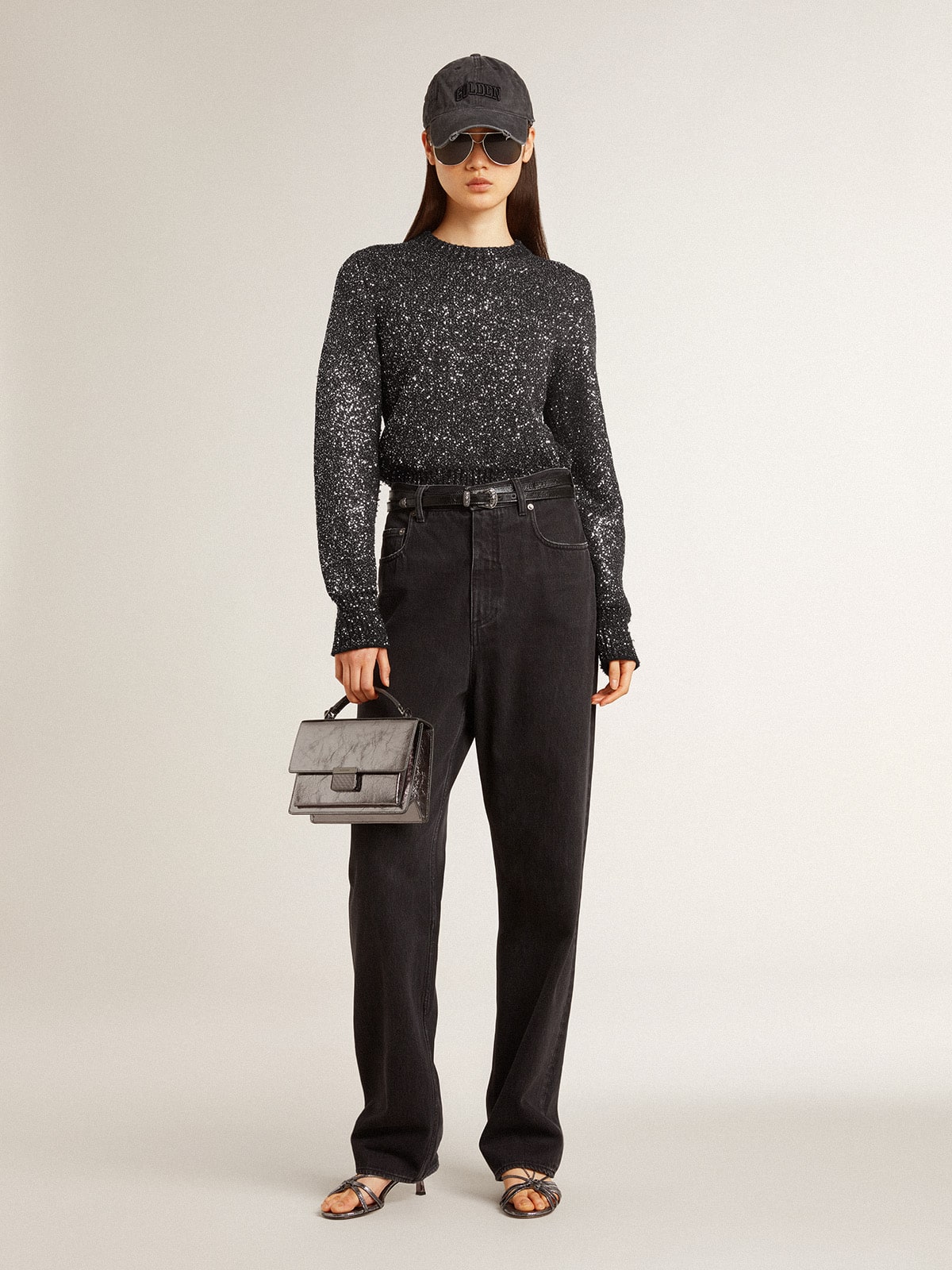 Golden Goose - Women's black wool blend cropped sweater with all-over sequins  in 