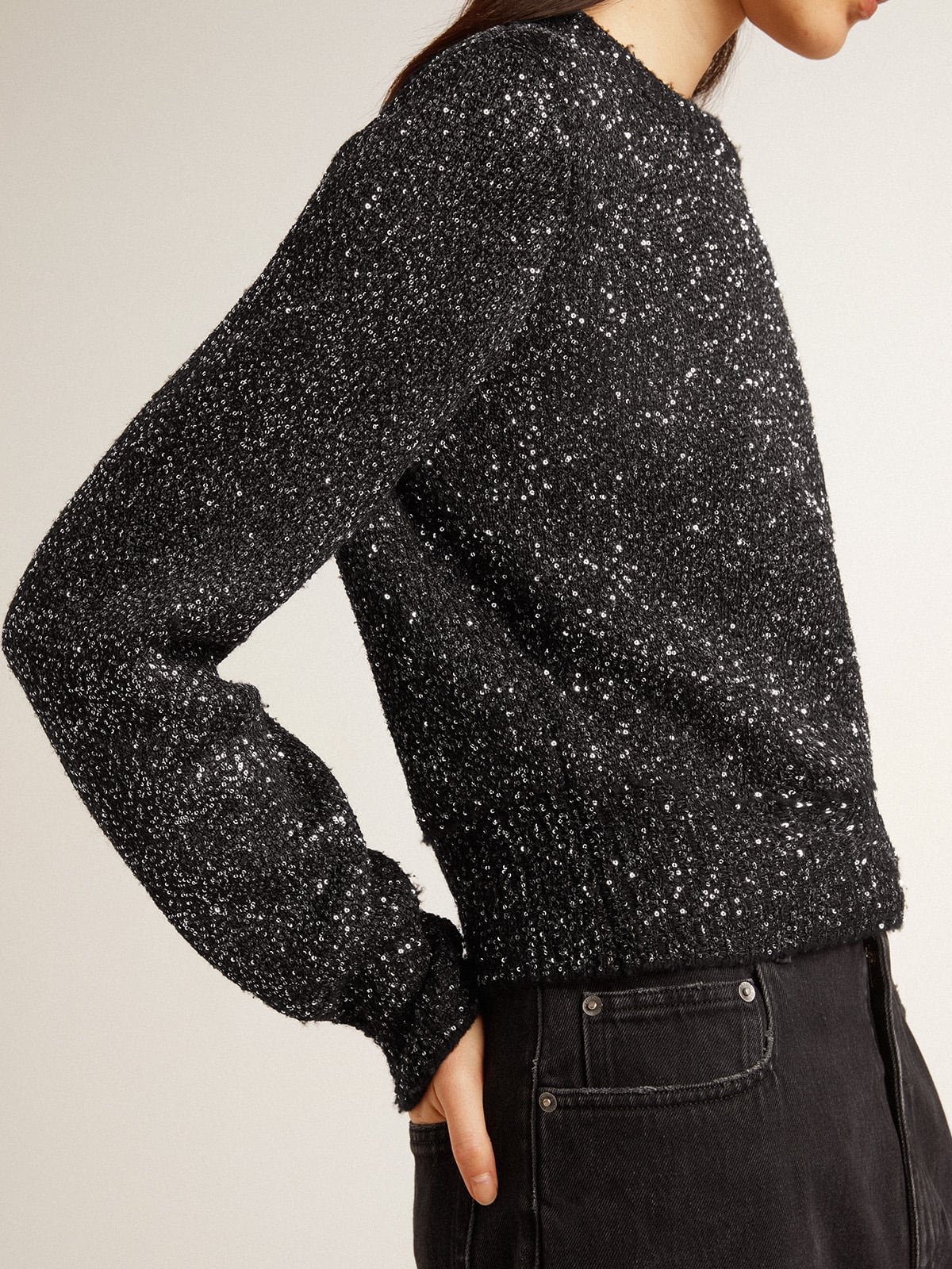 Golden Goose - Women's black wool blend cropped sweater with all-over sequins  in 