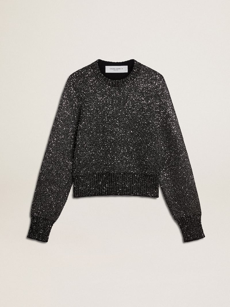 Women's black wool blend cropped sweater with all-over sequins 