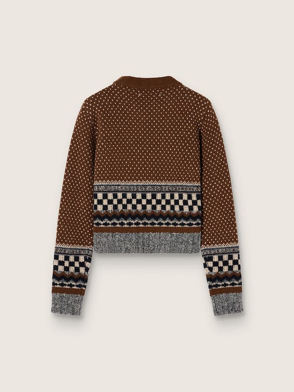 Maglione da donna cropped in lana jacquard marrone