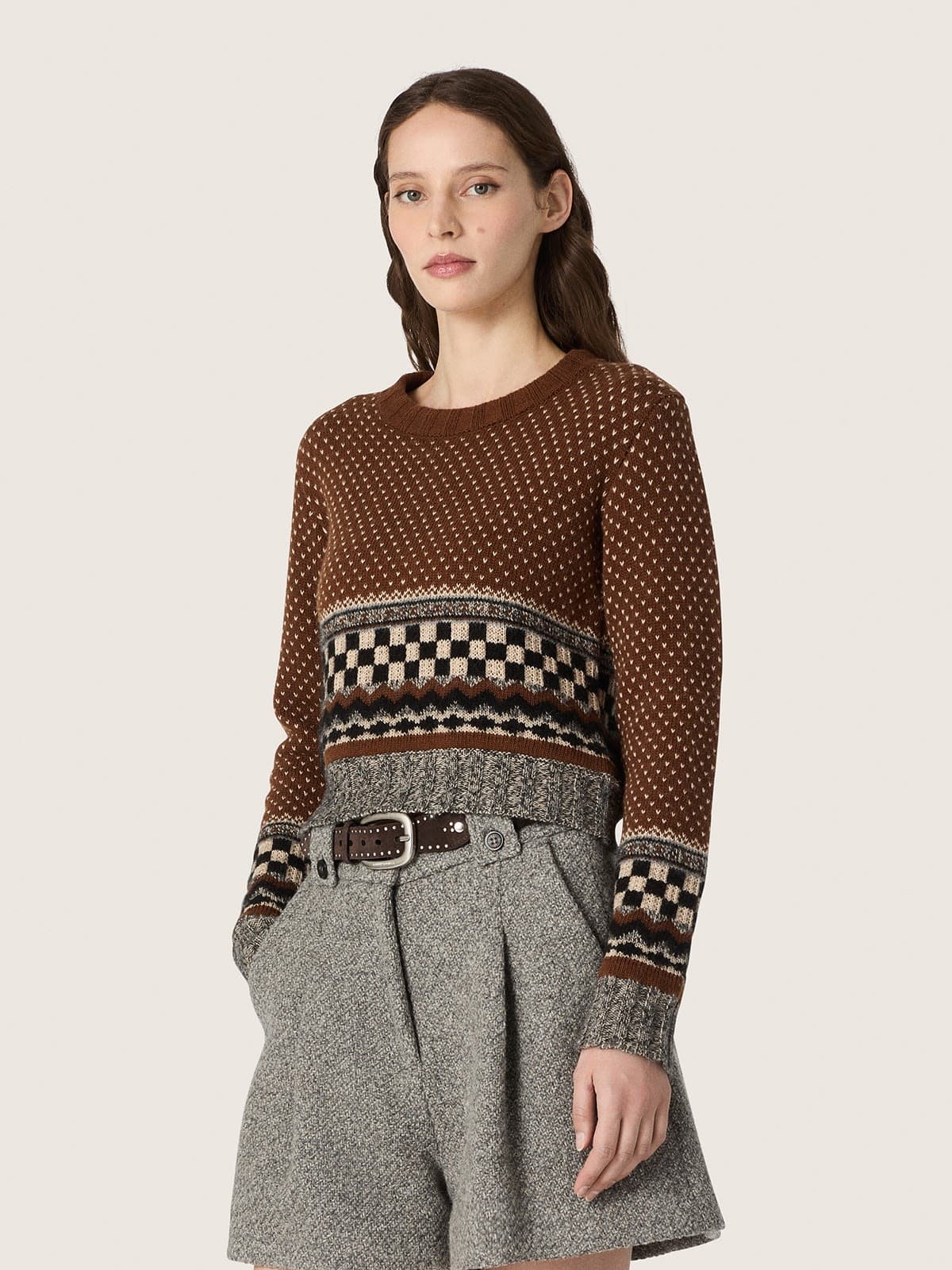 Golden Goose - Jersey de mujer cropped de lana jacquard marr&oacute;n in 