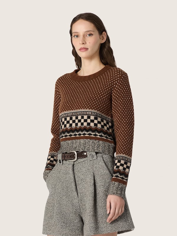 Golden Goose - Maglione da donna cropped in lana jacquard marrone in 