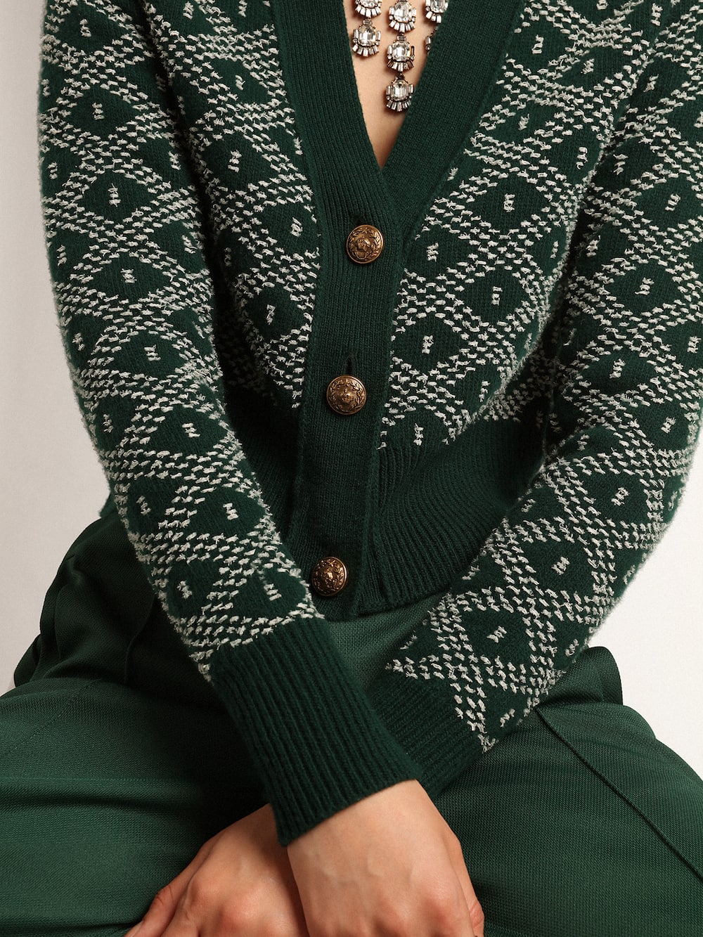 Golden Goose - Cropped-Cardigan für Damen mit grün-weißem Jacquard-Rautenmuster in 