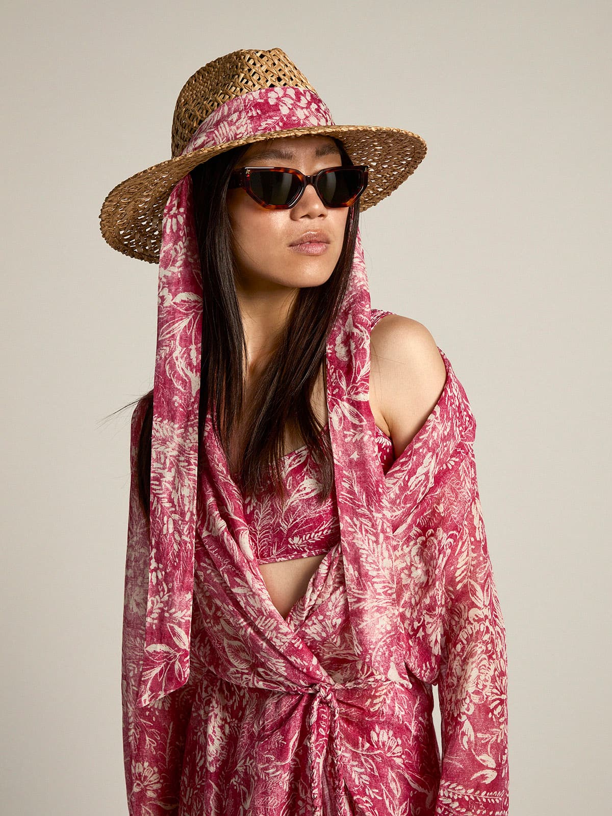 Golden Goose - Woven straw hat with red scarf and white print in 