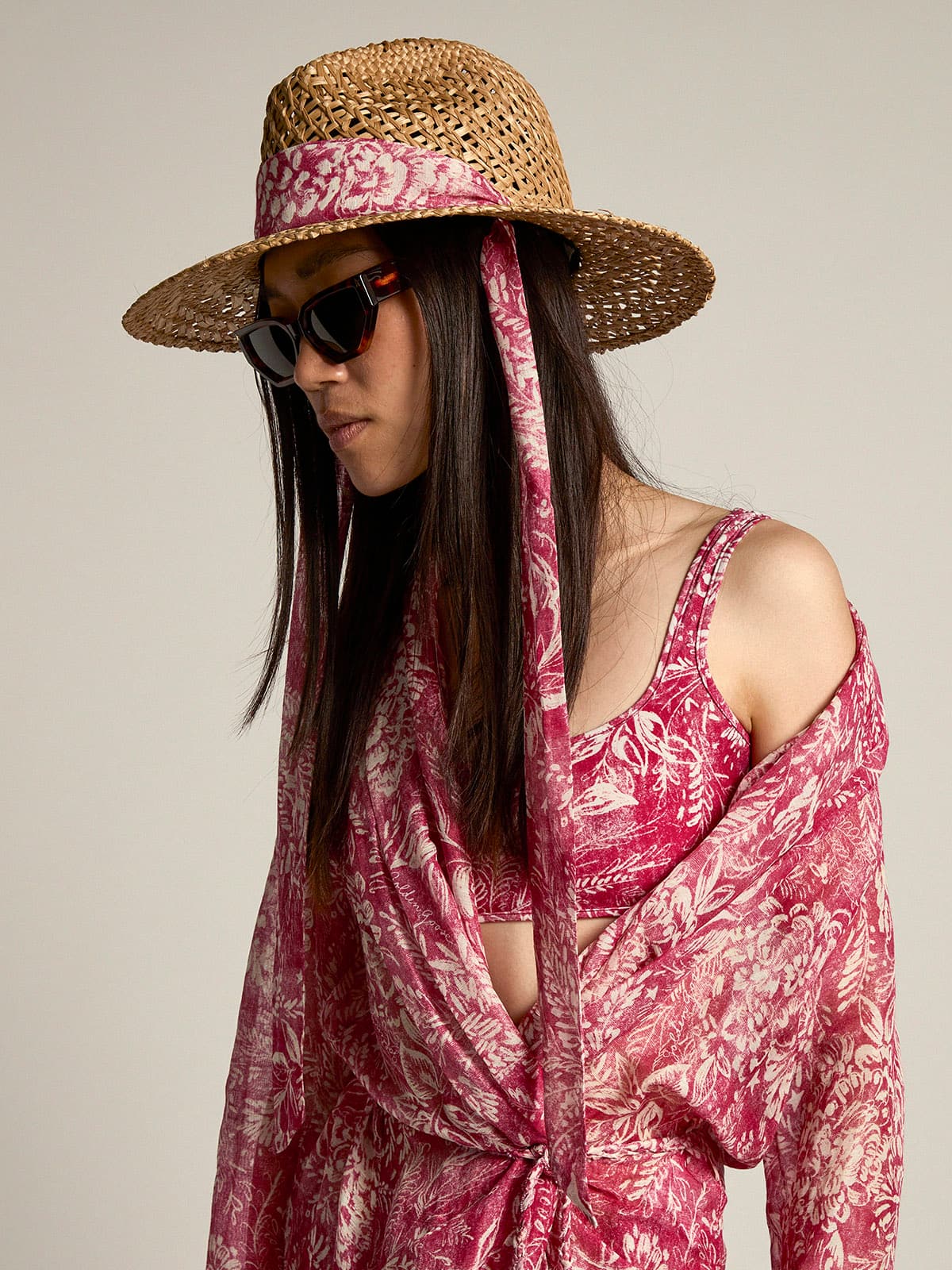 Golden Goose - Woven straw hat with red scarf and white print in 