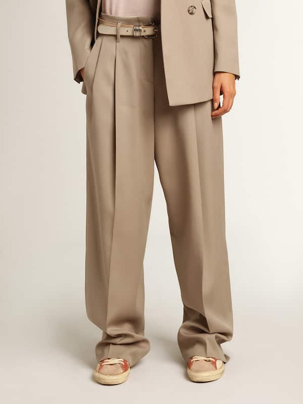 Golden Goose - Pantalone in gabardine di lana color beige chiaro in 