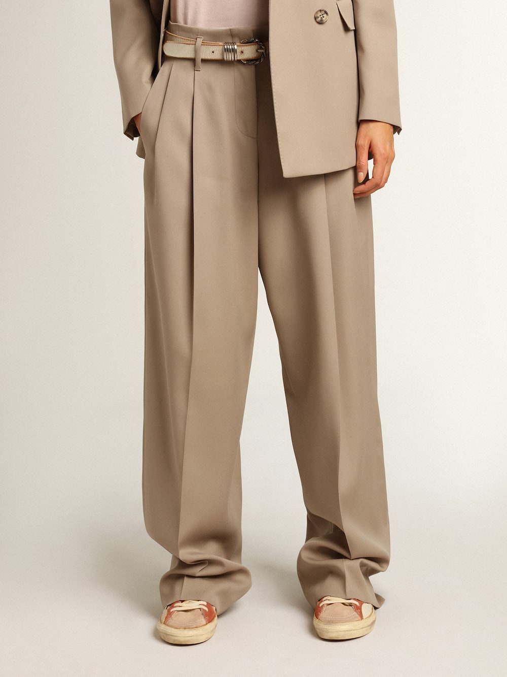 Golden Goose - Pantalone in gabardine di lana color beige chiaro in 