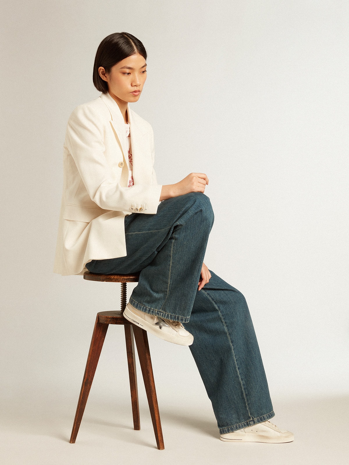 Women's blue cotton pleated pants