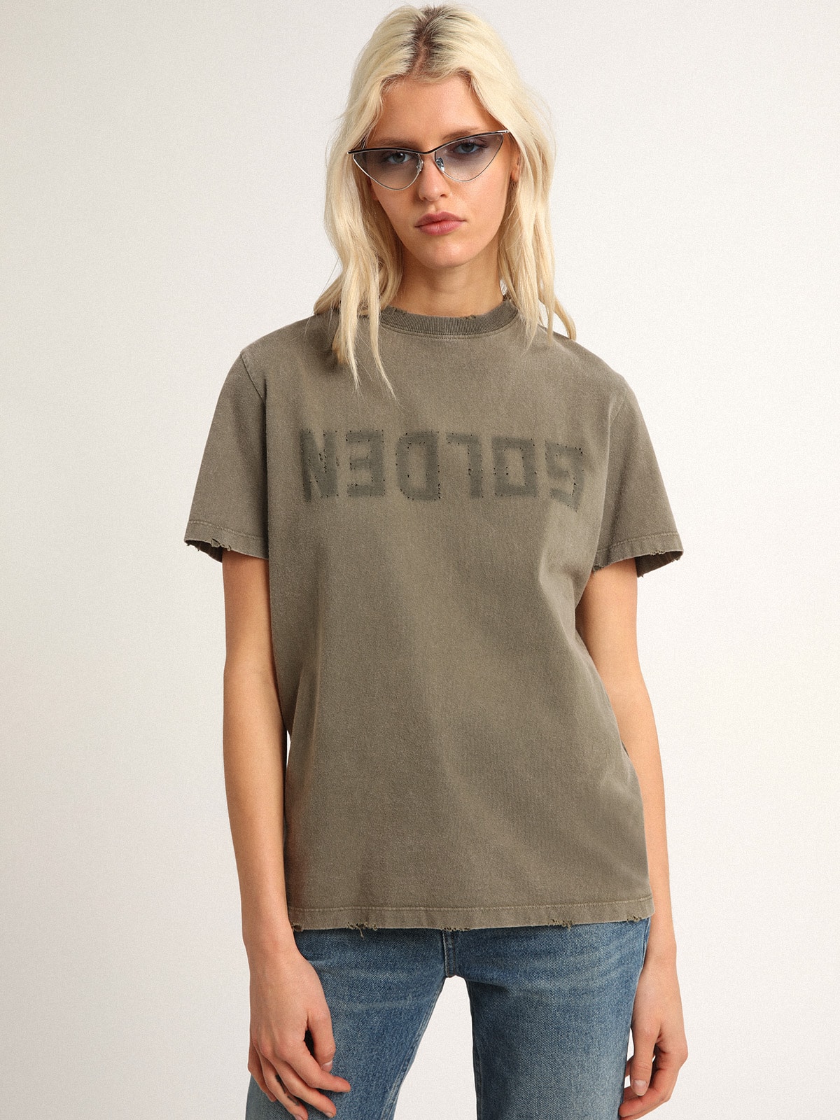 Golden Goose - Olive-green regular-fit T-shirt with Golden lettering on the front in 