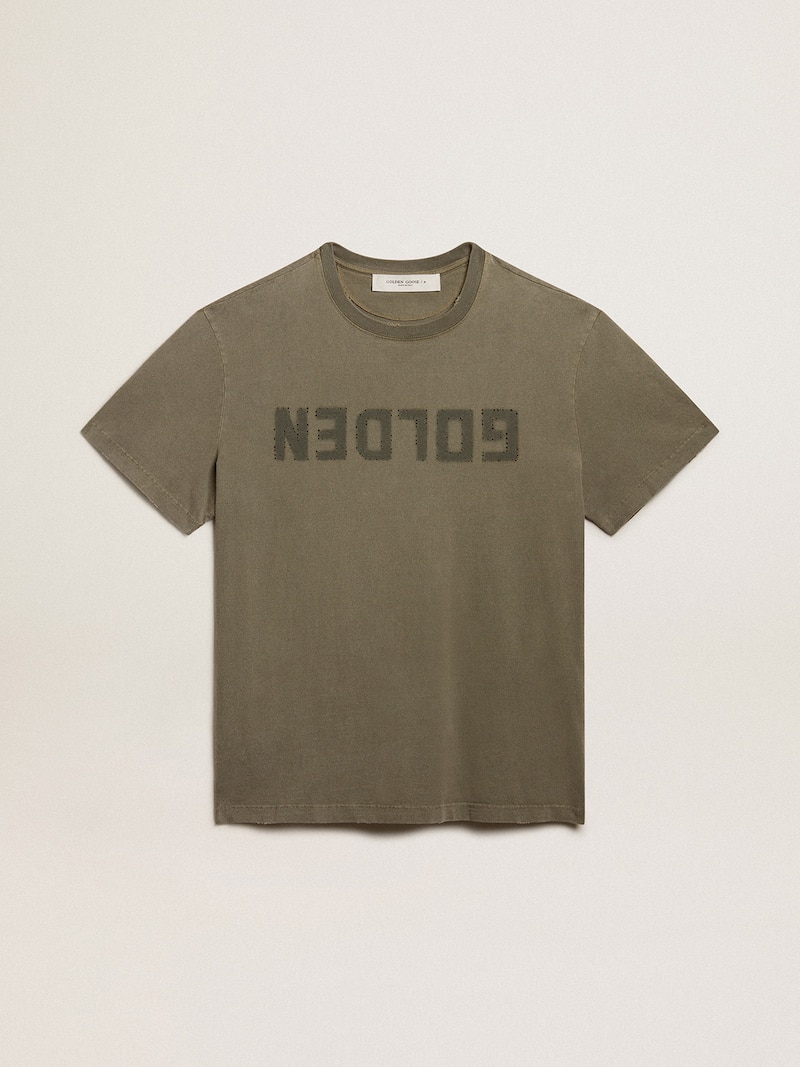 Olive-green regular-fit T-shirt with Golden lettering on the front