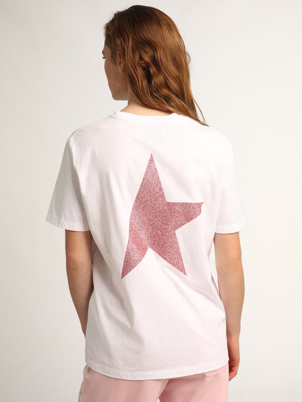 Golden Goose - Weißes Damen-T-Shirt mit rosa Glitzer-Logo und Stern in 