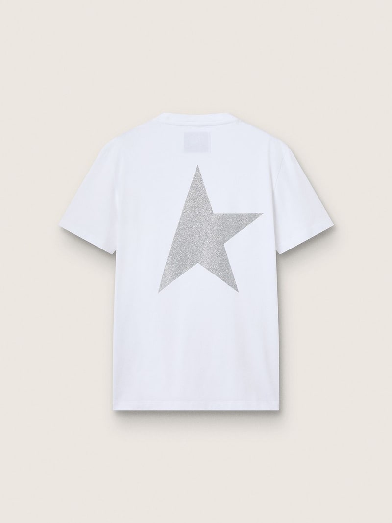 Golden Goose - T-shirt femme blanc avec logo et &eacute;toile &agrave; paillettes argent&eacute;es in 