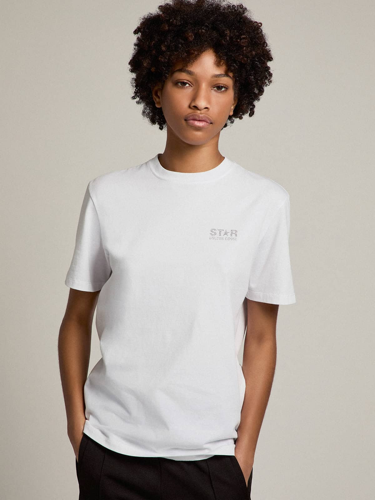 Golden Goose - Women's white T-shirt with silver glitter logo and star in 