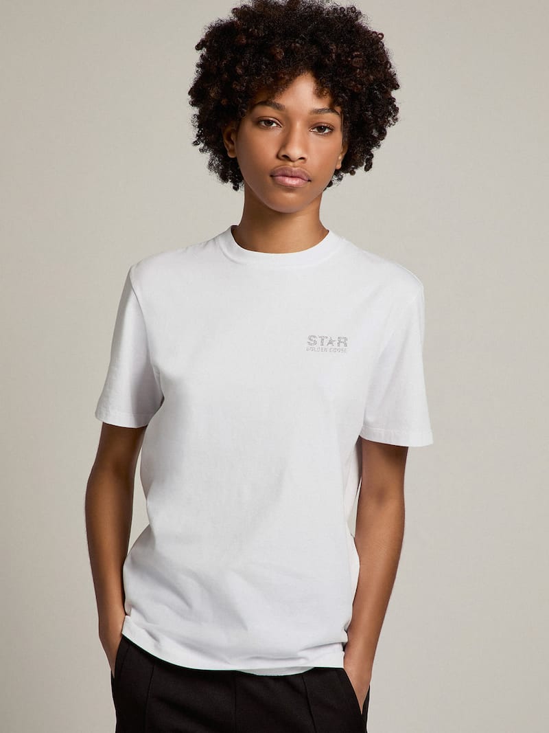 Golden Goose - T-shirt femme blanc avec logo et &eacute;toile &agrave; paillettes argent&eacute;es in 