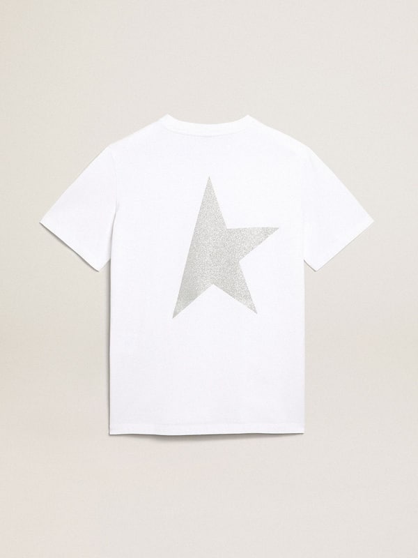 Golden Goose - Women's white T-shirt with silver glitter logo and star in 