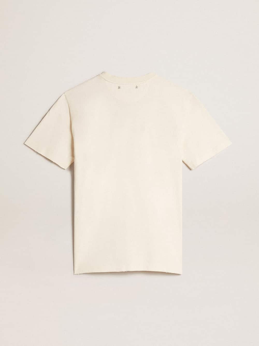 Golden Goose - T-shirt in cotone color bianco vissuto con logo stagionale in 