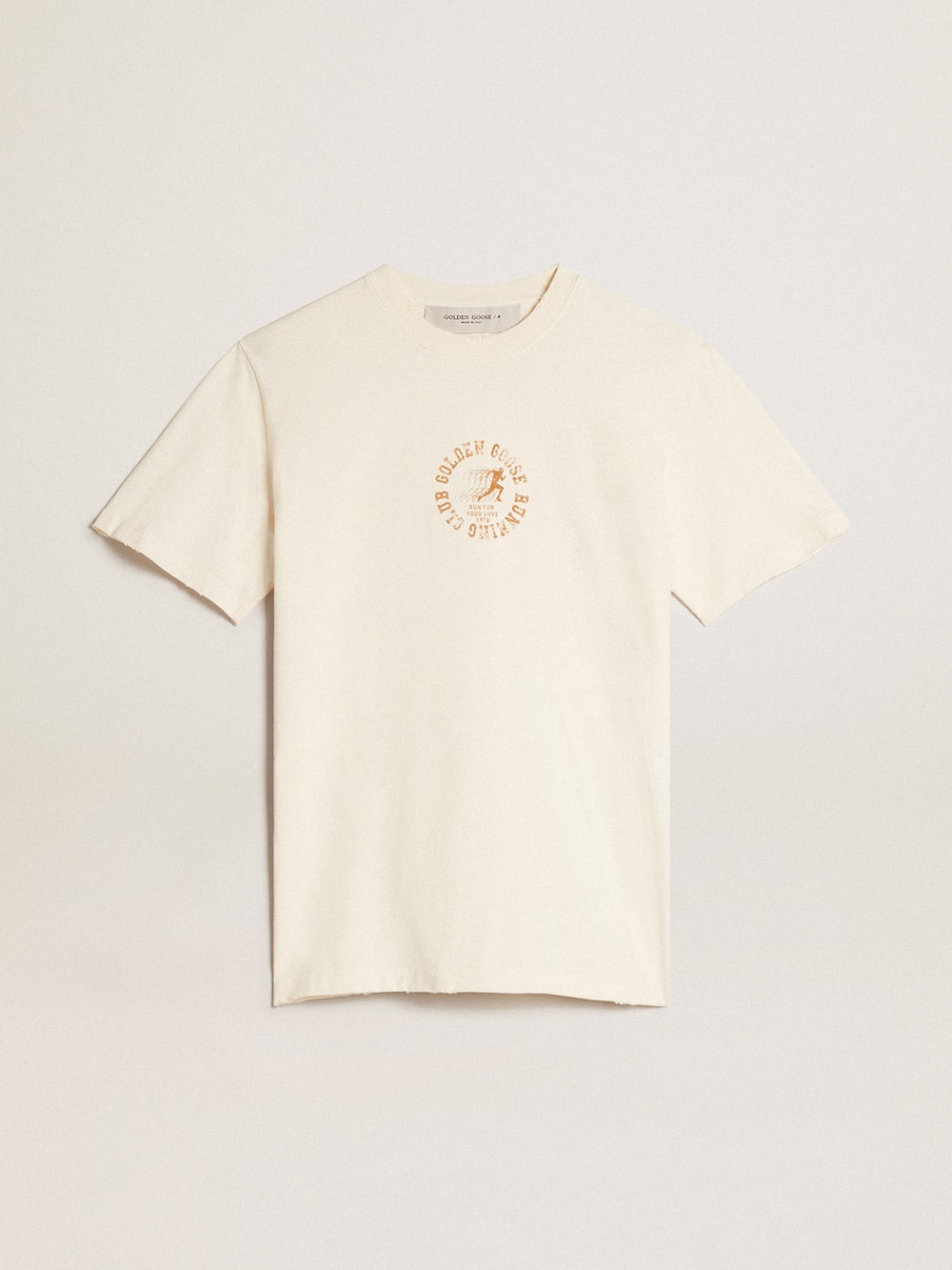 Golden Goose - T-Shirt aus Baumwolle in Lived-in-White mit saisonalem Logo in 