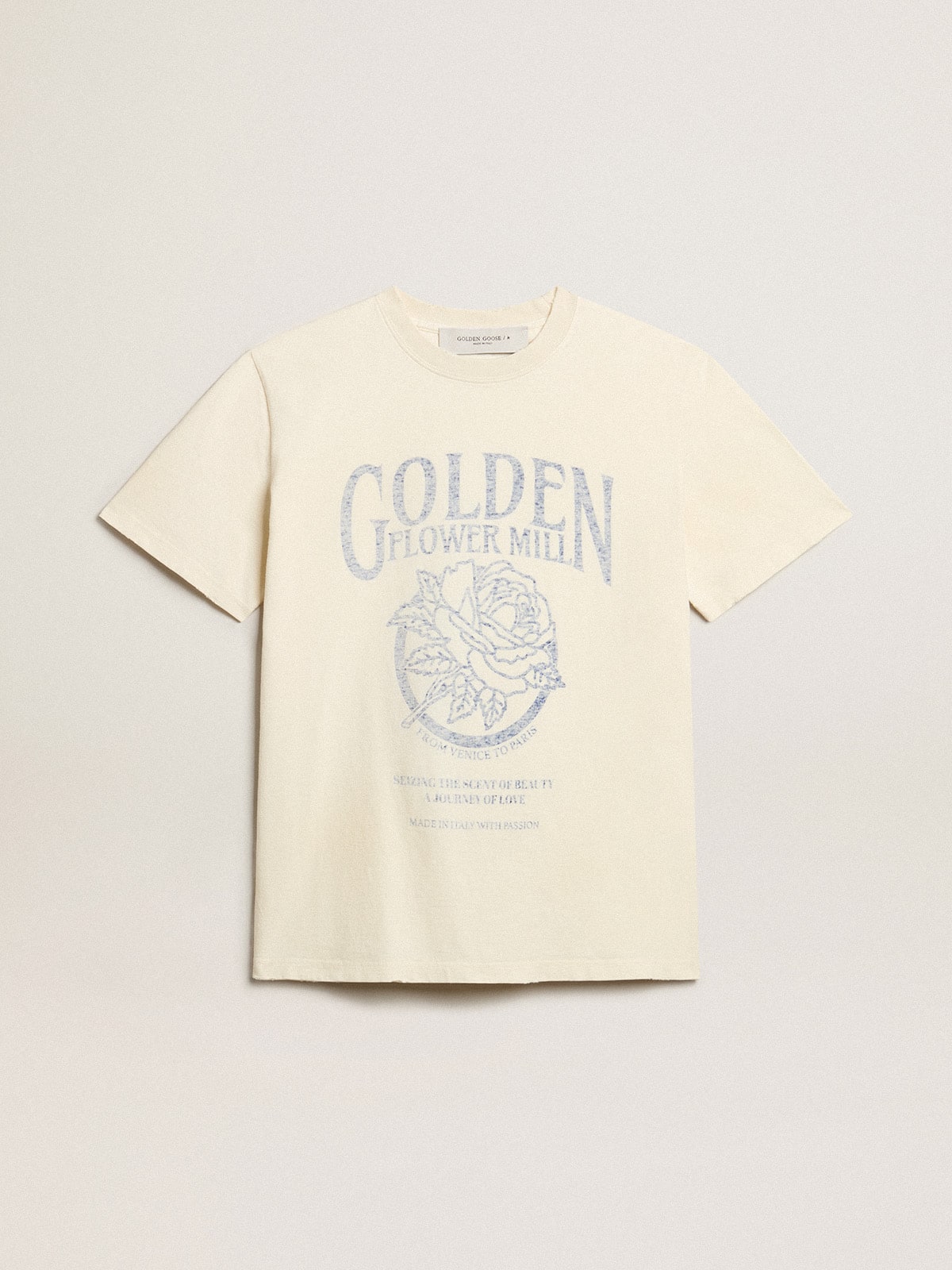 Women's T-shirt in aged white cotton with seasonal print | Golden Goose