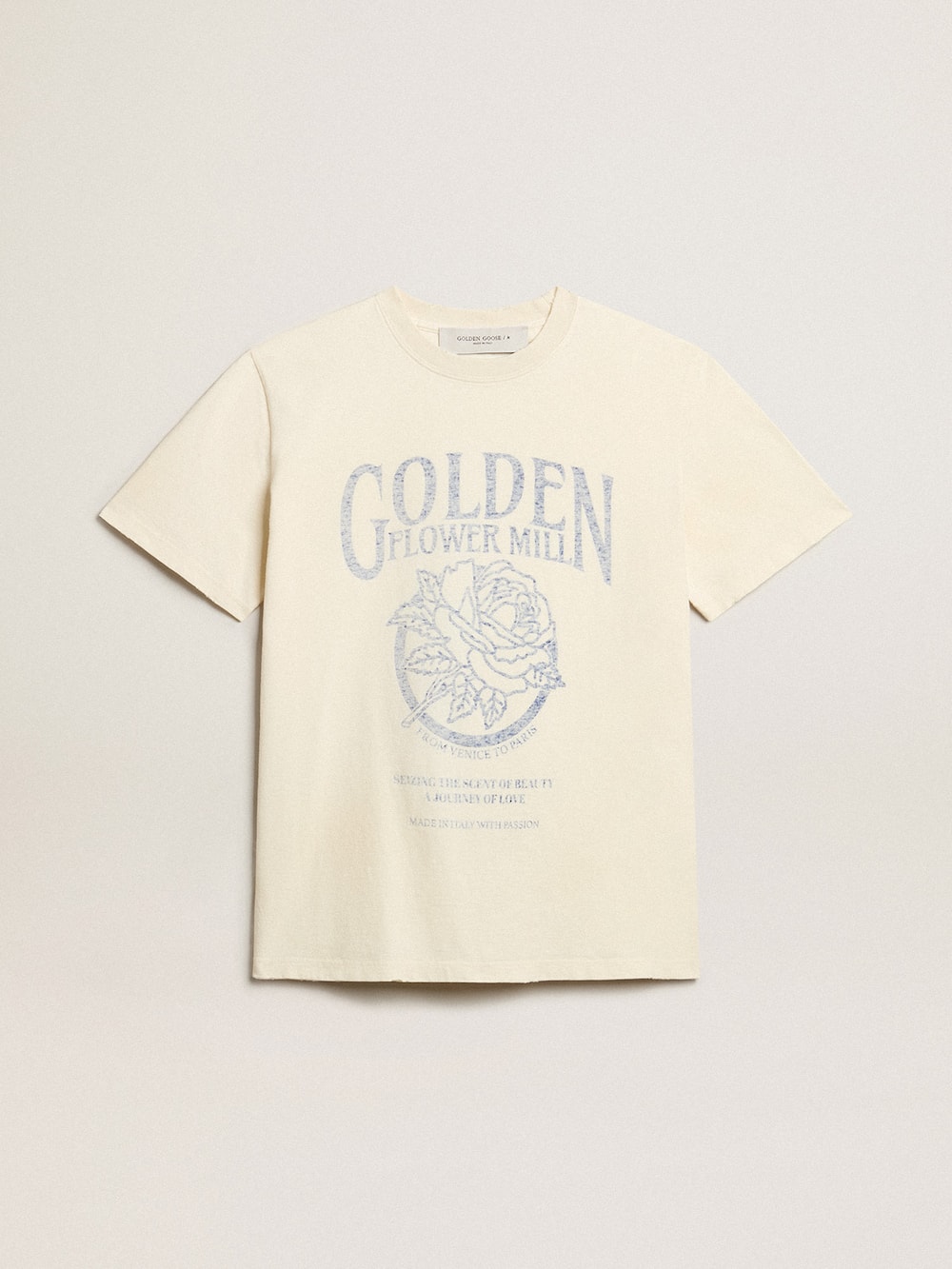 Golden Goose - T-shirt da donna color bianco vissuto con stampa stagionale in 
