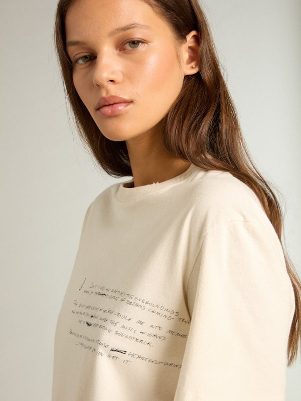 Golden Goose - T-Shirt da donna in cotone color bianco vissuto e scritta ricamata in 