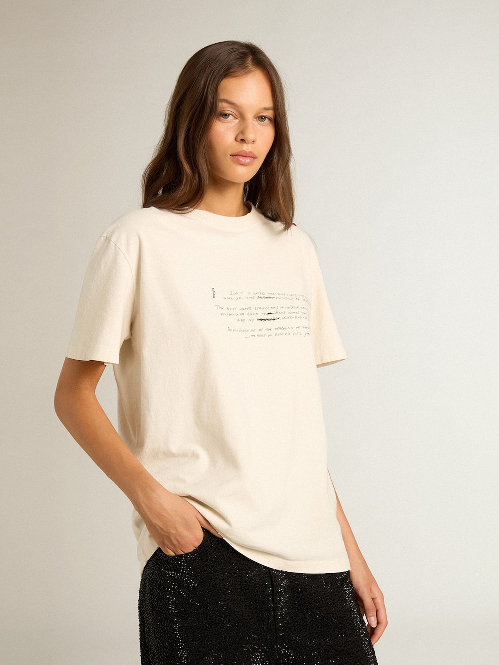 Golden Goose - Camiseta feminina de algodão branco usado com escrita bordada in 