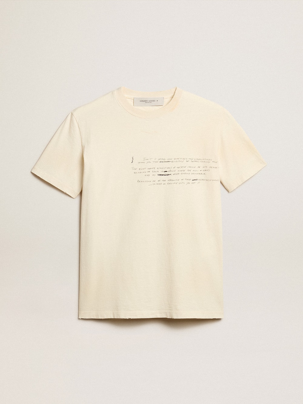 Golden Goose - Damen-T-Shirt aus Baumwolle im Farbton Lived-in-White mit aufgesticktem Schriftzug in 