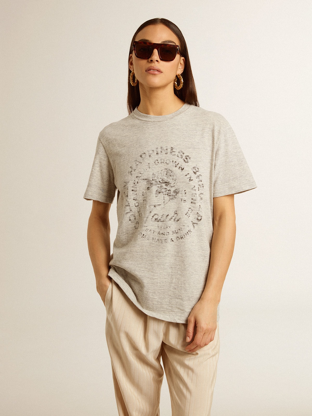 Golden Goose - Women’s T-shirt in gray melange cotton with seasonal print in 