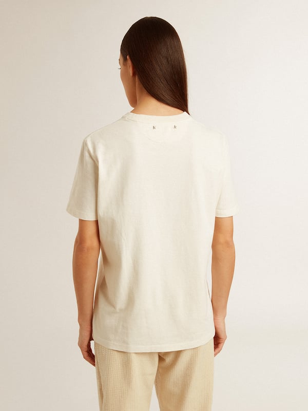 Golden Goose - T-shirt pour femme blanc vieilli avec logo sur la poitrine in 