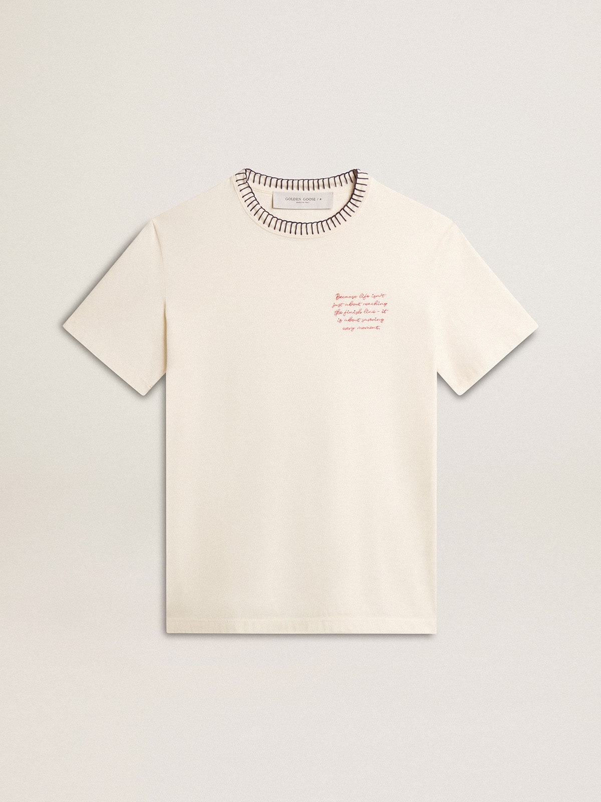 Golden Goose - Women's aged white cotton T-shirt with hand embroidery in 