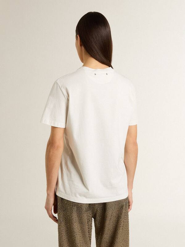 Golden Goose - Women's white T-shirt with black print on the chest in 