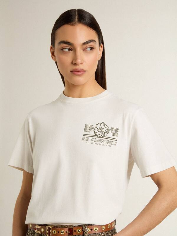 Golden Goose - Women's white T-shirt with black print on the chest in 