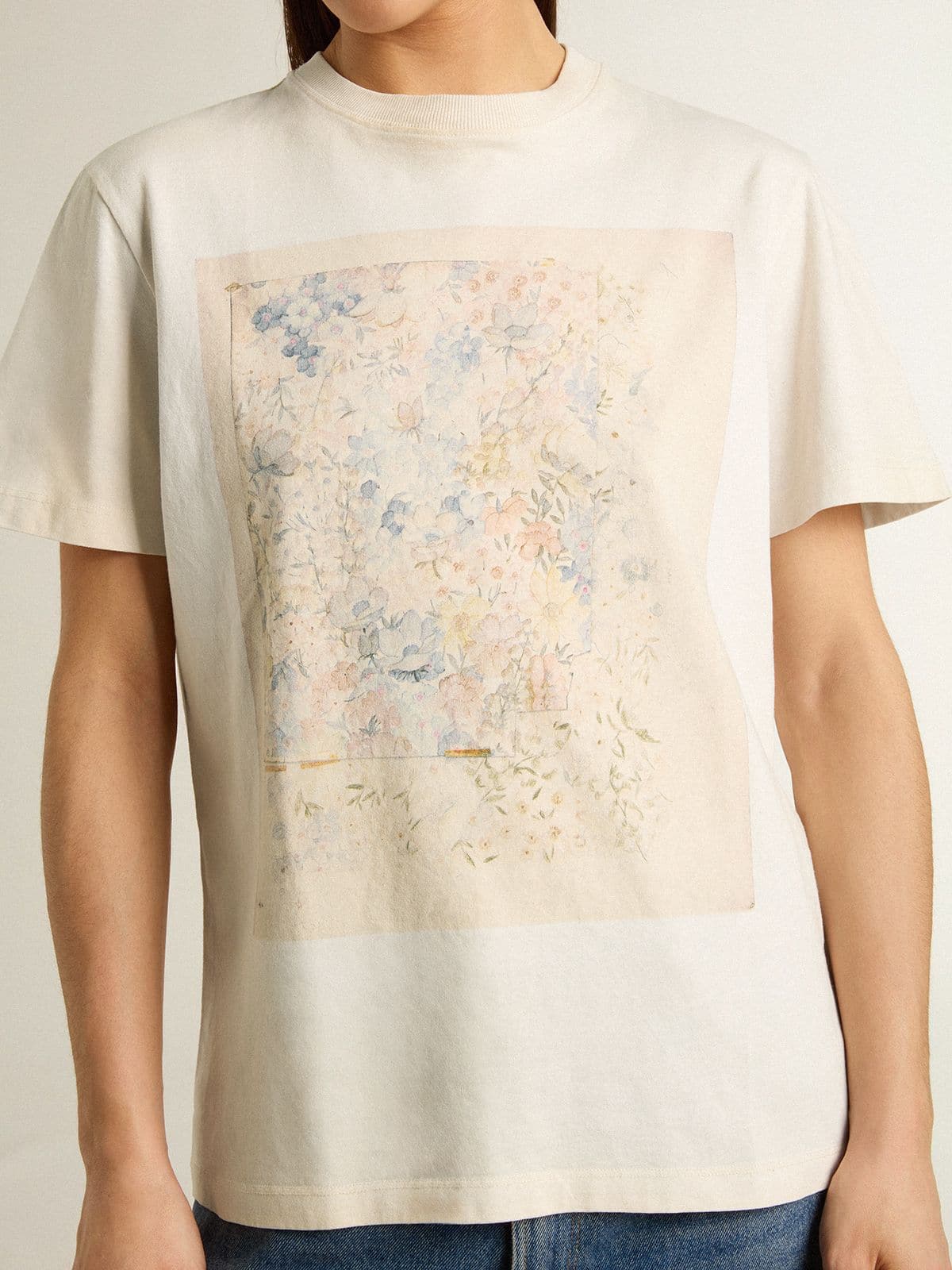 Golden Goose - Weißes Damen-T-Shirt mit Blumenprint in 